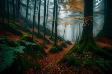 A dense, foggy blanket covering a forest in the midst of autumn, the landscape a blend of obscured views and vibrant leaf colors peering through the haze
