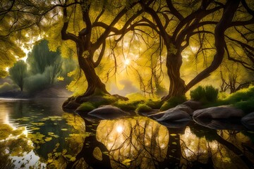 A breathtaking spring morning on Cameo Island, the sunlight filtering through the island's foliage, casting reflections on the gently lapping waters