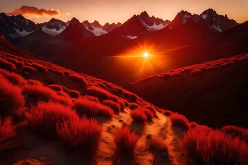 The sun dipping below the horizon, its last rays illuminating the mountain peaks in a spectrum of red and gold, the summer landscape tranquil and serene