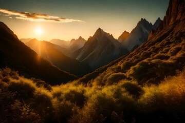 A stunning summer sunset casting a golden glow over a range of mountains, the landscape bathed in warm light, highlighting the lush greenery and rocky peaks
