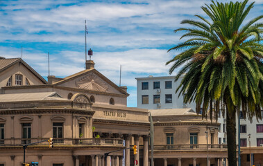 Historical buildings along Independence square, Montevideo, Uruguay, including the iconic Teatro Solis, the oldest Opera House in South America
