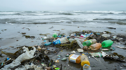 Ocean shores polluted with plastic trash. ocean pollution problems. global warming. environmental pollution. Generative AI