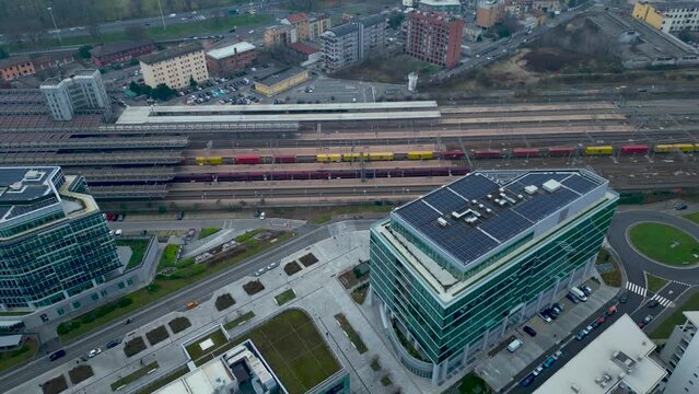 Top view of train station modern office buildings in Milan