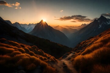A serene depiction of a high mountain at dawn, with the first rays of sunlight casting a warm glow over the pristine natural surroundings.