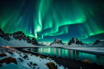 The mesmerizing dance of the green aurora borealis over a rugged snowy mountain ridge, with the serene expanse of Stockness Beach and the grandeur of Vestrahorn Mountain framing the scene