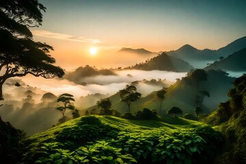 A breathtaking view of a misty mountain range in Kerala during sunrise. The sun's rays gently break through the mist, illuminating the green slopes and valleys.