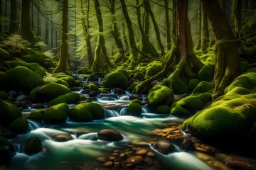 A serene forest landscape in spring, a crystal-clear stream meandering through, surrounded by budding trees and moss-covered river rocks