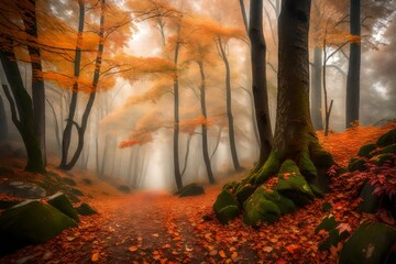 An autumn forest scene, shrouded in early morning fog, the colors of the leaves muted yet beautiful, casting a spell of peacefulness and awe
