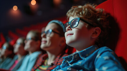 Cute little boy watching movie in cinema. Kids and entertainment concept