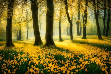 The tranquil beauty of a spring field, merging seamlessly into a forest, the trees bursting with new life, their leaves rustling gently in the spring breeze