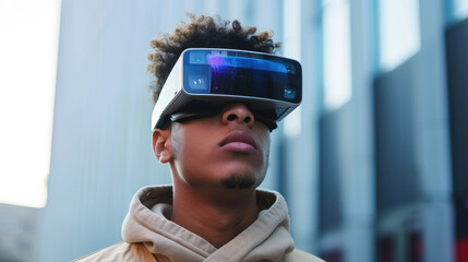 Young african american man using virtual reality headset in modern city