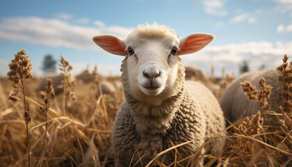 Fototapeta premium Cute lamb grazing in a meadow, looking at camera generated by AI
