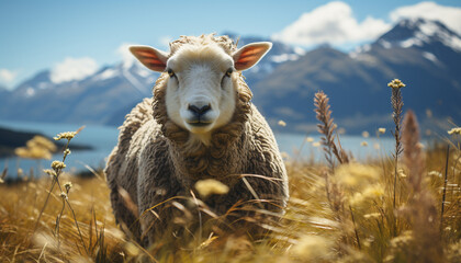 Obraz premium Cute young lamb grazing in green meadow under sunny sky generated by AI