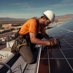 worker installs a solar panel
