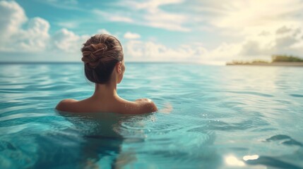 a picturesque scene of a young woman lounging in a pool