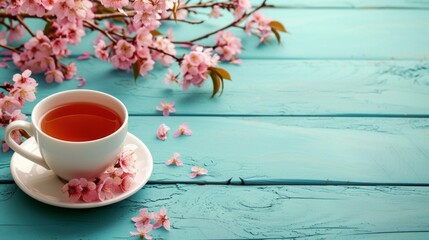 Fototapeta na wymiar a cup of tea is on table with floral cherry branches large copyspace area
