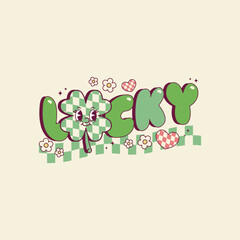 cute retro illustration of the word lucky with a clover 