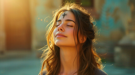 Girl with cross made from ash on forehead. Ash wednesday concept - obrazy, fototapety, plakaty