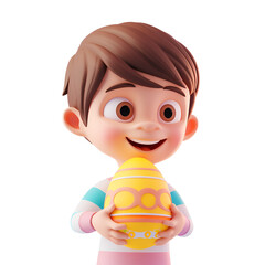 Happy Kid with an Easter Egg in a Simple 3D Cartoon Render, Isolated on Transparent Background, PNG