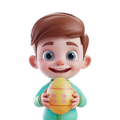 Easter Egg Held by a Happy Child in a Simple 3D Cartoon Illustration, Isolated on Transparent Background, PNG