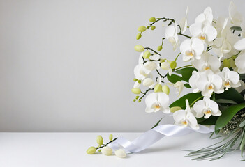 "Modern feminine wedding mock-up with white orchid bouquet and ribbon"