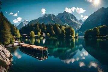 Tuinposter A captivating landscape where the tranquil Grundlsee Lake  amidst high mountains, the scene a perfect harmony of water and rugged terrain. © AiArtist