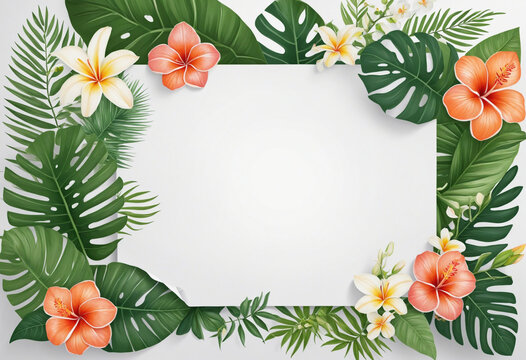 AI-generated tropical floral illustration with green and yellow leaves on a white background, perfect for greeting cards or event invitations 