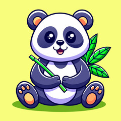 Cartoon panda character holding bamboo sitting and smiling. Vector illustration isolated