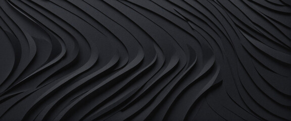 Abstract black paper texture background. Minimal paper cut style composition with layers of geometric shapes and lines in monochrome black color. Top view