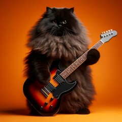 Large black fluffy cat playing rock guitar, on orange background.
