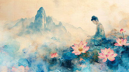 buddha and lotus in ink painting shanshui. peaceful - obrazy, fototapety, plakaty