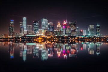 City Skyline Reflecting on Water at Night