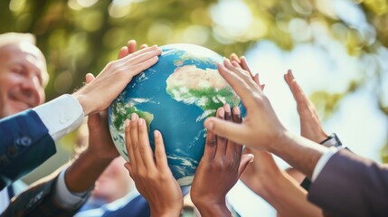 Hands from different ethnicities holding a globe, symbolizing unity and collective responsibility towards our planet.
