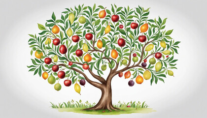 Tree with Fruits Watercolor for Tu Bishvat