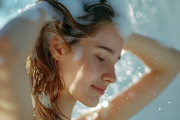 Young and beautiful woman is washing her hair with shampoo - obrazy, fototapety, plakaty
