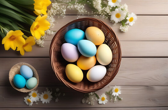 Easter eggs in a basket on a wooden table with spring flowers.