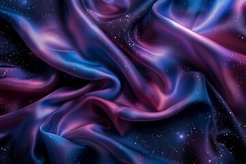 Fototapeta premium Space satin fabric with starry galaxy print. Cosmic pattern. Flowing satin cloth. Elegant textile design. Backdrop for banner, wallpaper, card, poster