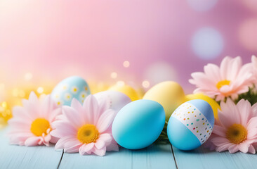 Colorful Easter eggs on wooden table with spring flowers. 