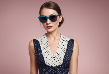 Fashionable woman posing with polka dot outfit and sunglasses, gazing at the camera