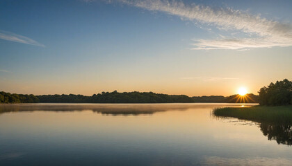 Fototapeta na wymiar Dawn illuminates tranquil waters with reflections