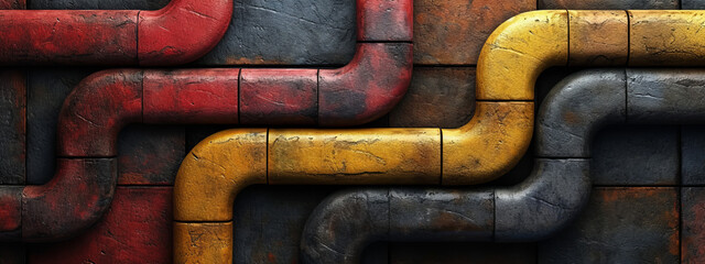 Vibrant Symphony: A Striking Ensemble of Yellow and Red Pipes Cascading on a Weathered Brick Wall