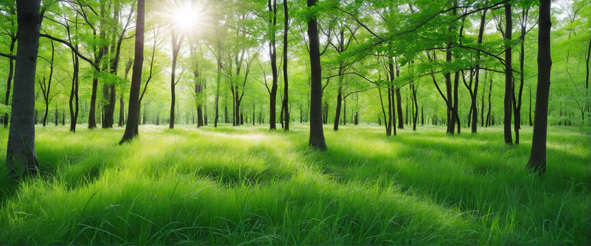 beautiful summer spring natural background with defocused green trees in a forest or park, wild grass, and sunbeams