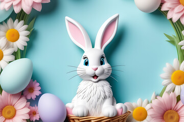 Frame of white and pink flowers and colorful eggs. White rabbit sitting in basket on blue background. 