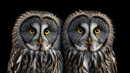 Obraz premium Great Grey Owl or Lapland Owl, Strix nebulosa isolated of black background. generative, ai.
