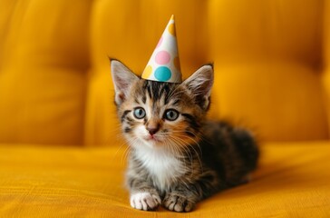 a kitten wearing a party hat on a yellow surface