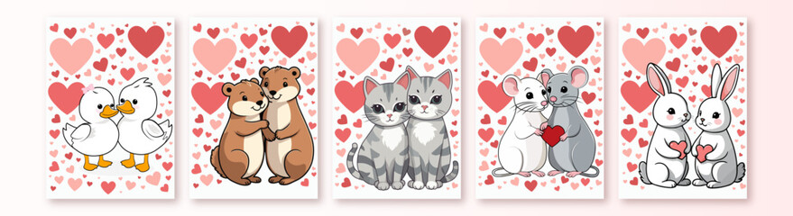 romantic cute animals, valentine's day, cats, rats, gophers, hares, geese, romance, hearts, valentines, romance, greetings, card, posters with animals, love, vector illustration, couple's pets, cute