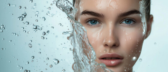 Close-up of a serene woman with water splashing on her youthful face - obrazy, fototapety, plakaty