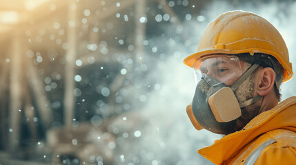 Professional construction worker wearing a high-grade dust mask, surrounded by lot of floating particles of glass wool dust in a construction site