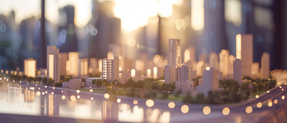 A miniature cityscape glows warmly at dusk, creating a serene urban tableau - obrazy, fototapety, plakaty