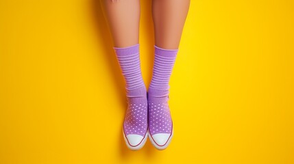 Legs of young woman in purple dotted socks on yellow background